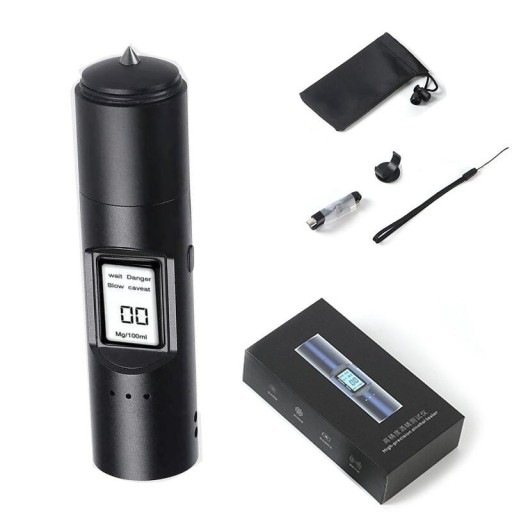 Alkoholtestare med hammare för att krossa fönster Mätning av alkohol i utandningsluft Laddning via USB-C Batteri 300 mAh Ljudsignal Aluminiumlegering