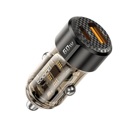 60W Fast Car Charger with USB A and USB C Socket for 12–24V 3A PD Support for Mobile Phones, Tablets, GPS Accessories