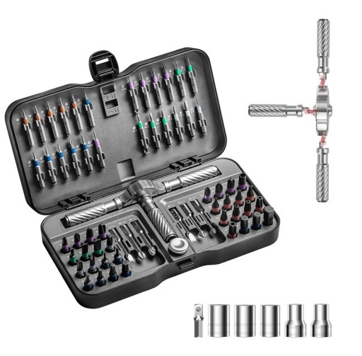 66 in 1 Tool Set with Magnetic T-Ratchet and 5 Socket Heads in a Case for Technical Repairs