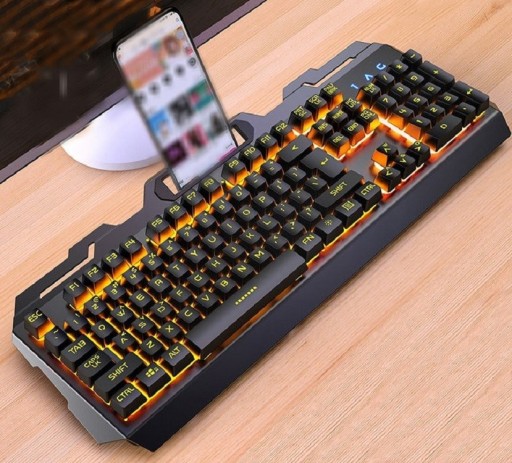 Bakgrundsbelyst gamingtangentbord med telefonhållare