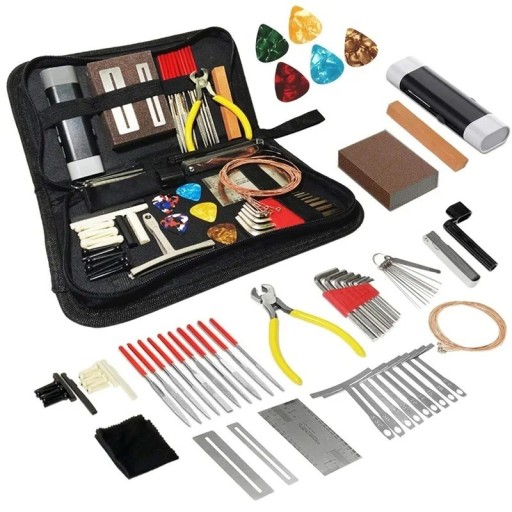 72-teiliges Gitarren-Reparatur-Werkzeugset mit Tragetasche, professionelles Service-Kit, Stimmgerät, Stiftzieher, Schraubendreher, Lineale, Schraubenschlüssel