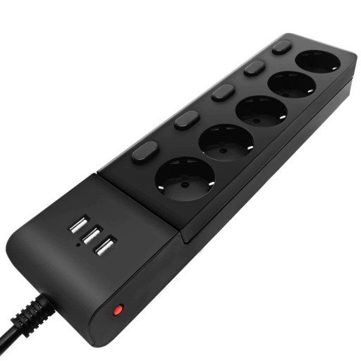 Förlängningssladd 5x uttag, 3x USB 2 m