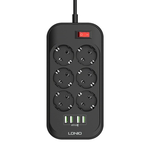 Förlängningssladd med strömbrytare 6x uttag, 4x USB 1,6 m