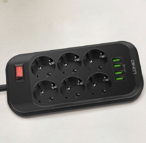 Överspänningsskydd 6x uttag, 4x USB 2 m