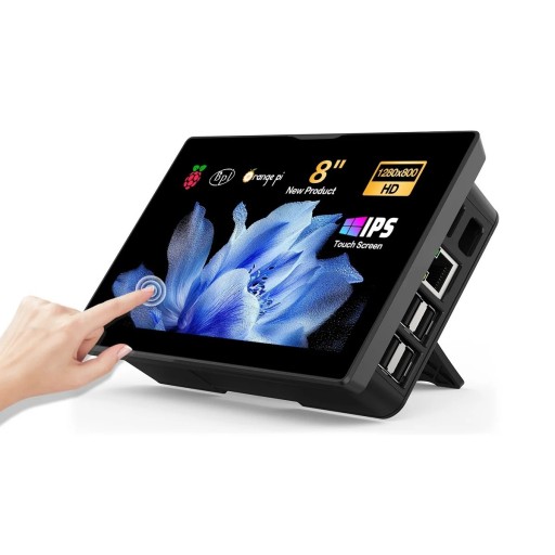 8" IPS HD 1280 x 800 érintőképernyő beépített hangszóróval és hűtőventilátorokkal Raspberry Pi 5, 4 és 3 DIY projektekhez HDMI és USB-vel