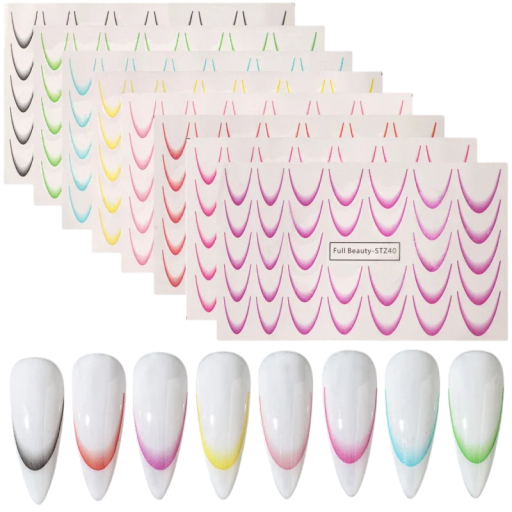 8 pcs Gradient French Nail Stickers Ombre Ink Lines Water Transfers Watercolour Design DIY Manicure Nail Art Foil