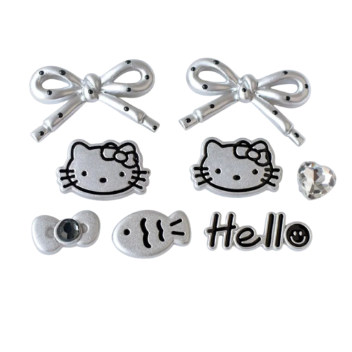 8 sztuk dekoracji na crocsy kokardki Hello Kitty rybka i napis srebrno czarna zestaw ozdób na buty z łatwym mocowaniem