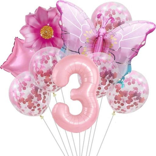 9 pcs Ballons d'anniversaire numéro 3 Papillon fleur Confettis Ballons en latex et en foil Décorations de fête pour le troisième anniversaire fête