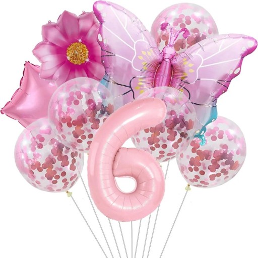9 pcs Ballons d'anniversaire numéro 6 Papillon fleur Confettis Ballons en latex et en foil Décorations de fête pour le sixième anniversaire fête d'enfants