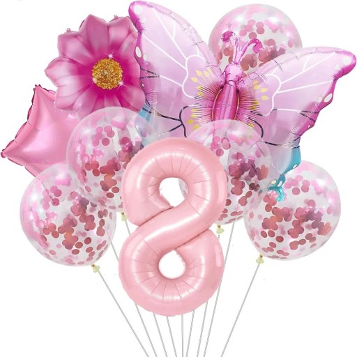 9 pcs Ballons d'anniversaire numéro 8 Papillon fleur Confettis Ballons en latex et en foil Décoration de fête pour la célébration d'anniversaire d'enfants