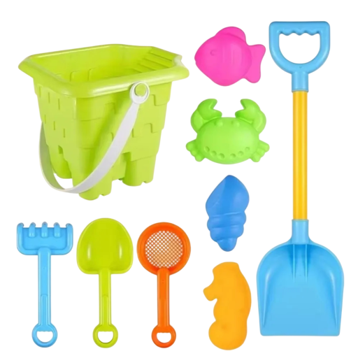 9-Piece Children's Beach Toy Set with Bucket and Moulds Plastic Tools for Water and Sand Play Outdoors