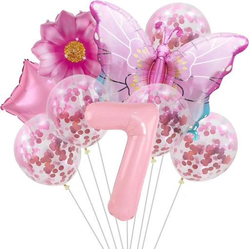9 st Norrsken Ballonger nummer 7 Fjäril Blomma Konfetti Latex- och folieballonger Festdekorationer för sjunde födelsedagsbarnkalas