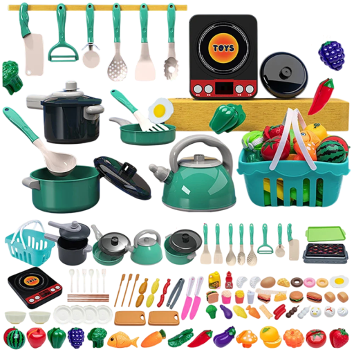 92 stuks Groene kinderkeuken set Keukenaccessoires en voedsel Plastic speelgoed voor de kinderkeuken Compleet set keukenbenodigdheden
