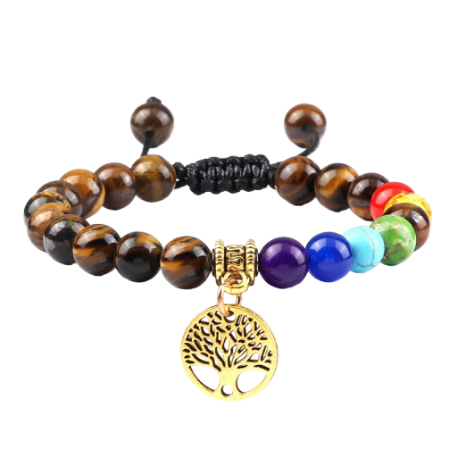 Justerbart sju chakra armband med tigeröga