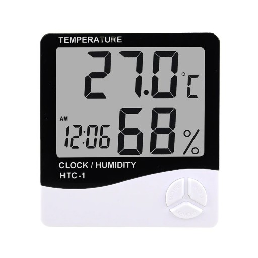 Inomhustermometer och hygrometer med klocka
