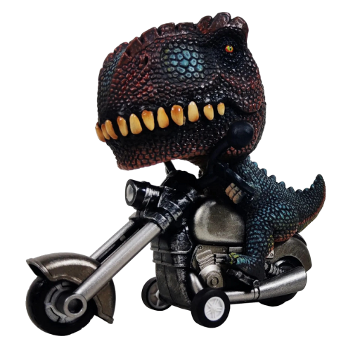 Barns leksaksdinosaurie på en motorcykel