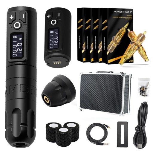 Set med trådlös tatueringspenna 2400 mAh med tillbehör och 80 st tatueringspatroner 14,8 x 3,2 cm