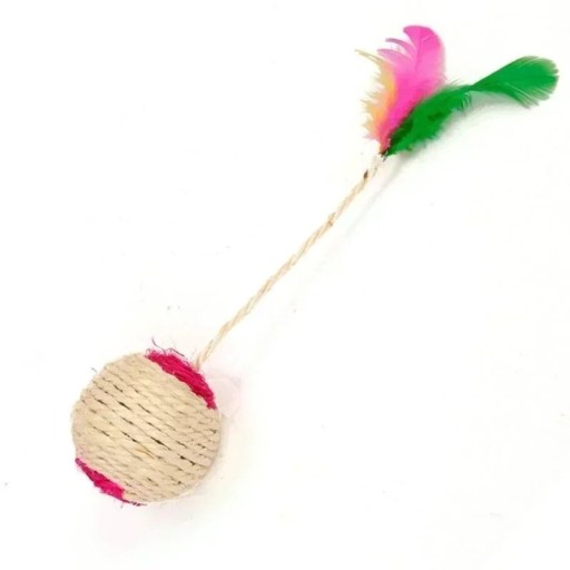 Sisal skrapboll med fjäder 6,5 cm Kattleksak Sisalleksak för kattunge