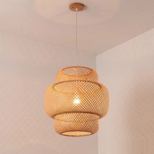 Vävd hängande lampa E27 Glödlampa Handgjord Trä hängande lampa Hem bambusdekoration 33 x 30 cm