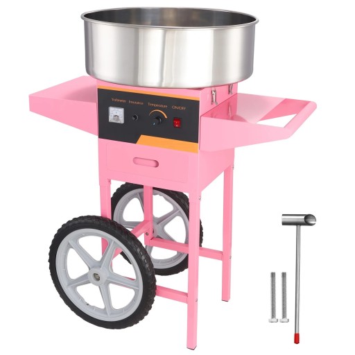 Elektrisk sockervaddsmaskin med vagn, skål i rostfritt stål och mätkopp 1000 W 220 V Rosa sockervaddsmaskin med digital temperaturkontroll