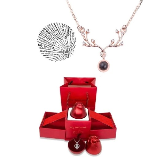 Projection Halsband Set Titanium Chain Projection I Love You in 100 Languages Rose Formed Box Romantisk present