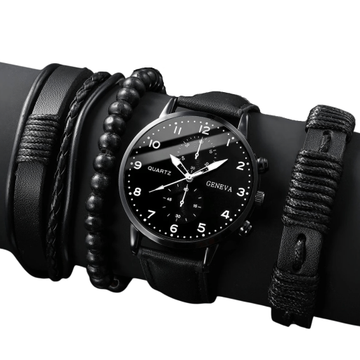 Set med herrklockor, svart färg och 3 läderarmband. Snyggt set. Elegant tillbehör. Moderna herrklockor. Present till män.