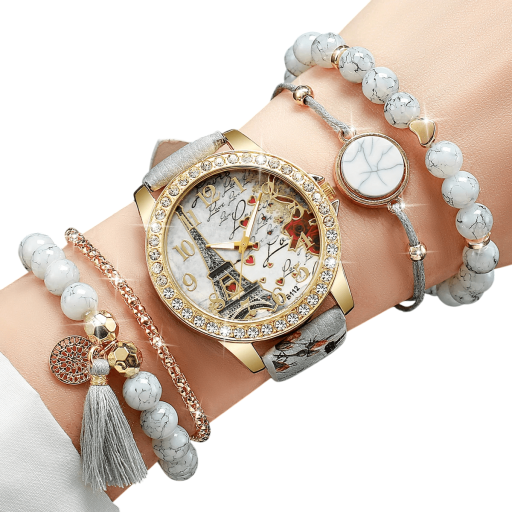 Set med damklockor med läderband, Eiffeltornets motiv, 4 armband, grå färg, Elegant accessoar, Present för kvinnor
