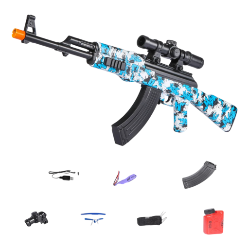 Elektrisk barnkulspruta för pellets 89 x 30 cm. Pistol för barn med magasin, skyddsglasögon, USB-laddning och skruvmejsel