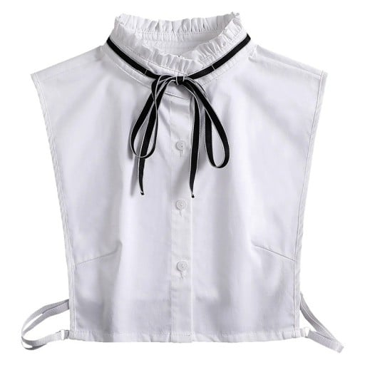 Falsk krage för kvinnor, stående, vit med svart slips. Elegant avtagbar krage med band för tröja, blus eller klänning.
