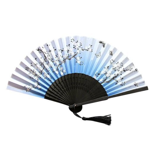 Abanico de bambú chino para mujer, abanico azul y blanco con ramas florecientes, abanico plegable tradicional, elegante accesorio decorativo de estilo oriental.