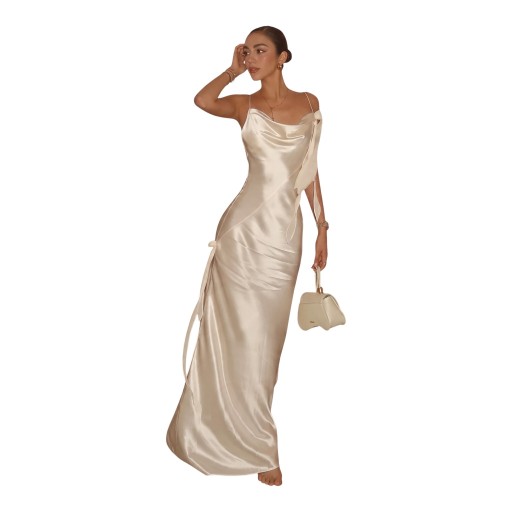 Abiti lunghi da donna con spalline sottili, schiena scoperta e scollatura arricciata con fiocchi decorativi e superficie lucida di colore bianco