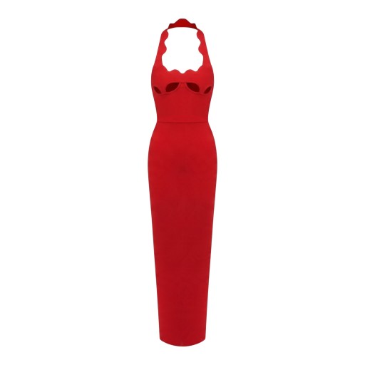 Abiti lunghi eleganti da donna senza maniche con bordo ondulato e scollatura e ritagli sul petto con taglio aderente a tubino