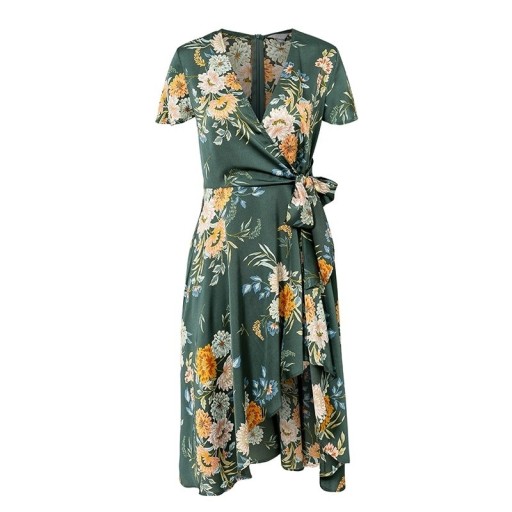 Abito da donna verde scuro con stampa floreale Scollo a V maniche corte e libere Chiusura laterale Gonna asimmetrica Poliestere