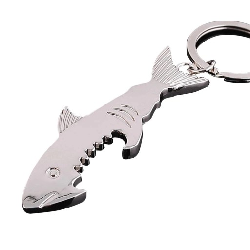 Abridor de garrafas em forma de tubarão com argola prateada para chaves Chaveiro de metal Presente original Utensílio prático para cerveja