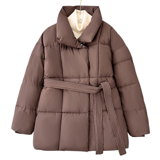 Abrigo de invierno para mujer Cierre con cremallera y botones Cuello Cinturón en la cintura Poliéster algodón Abrigo de invierno cálido Abrigo elegante y cómodo para la temporada fría