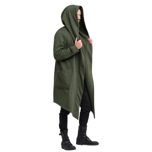 Abrigo largo con capucha para hombre, abrigo asimétrico para la ciudad, holgado, ropa de calle, moda urbana, abrigo de manga larga con cremallera sin cierre