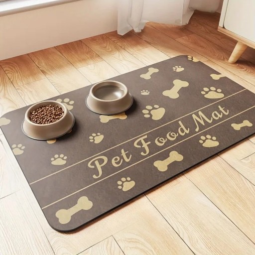 Absorberende skålmåtte 30x50 cm med pote- og knogleaftryk Gulvbeskyttelse Skridsikker og vandtæt måtte til hunde og katte
