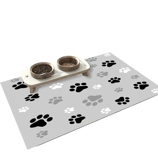 Absorberende skålmåtte 40x50 cm med poteaftryk, vandtæt, skridsikker gulvbeskyttelse, nem vedligeholdelse til hunde og katte