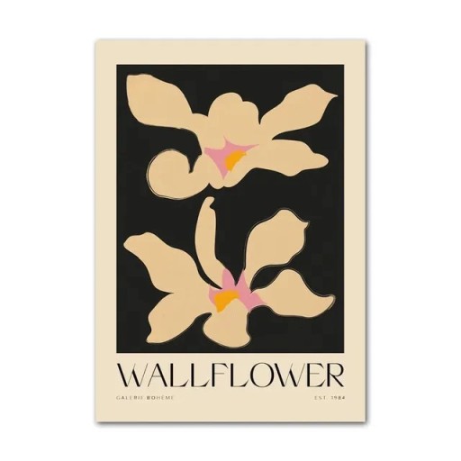 Abstrakti kukat seinätaulu, jossa on teksti Wallflower 30 × 40 cm, kangaspainatus, musta-beige minimalistinen aihe, sisustuselementti ilman kehystä