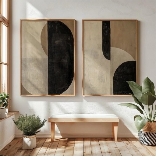Abstraktiset japanilaiset julisteet kontrastista geometriaa 40x60 cm kangas beige musta seinäkoriste olohuoneeseen makuuhuoneeseen