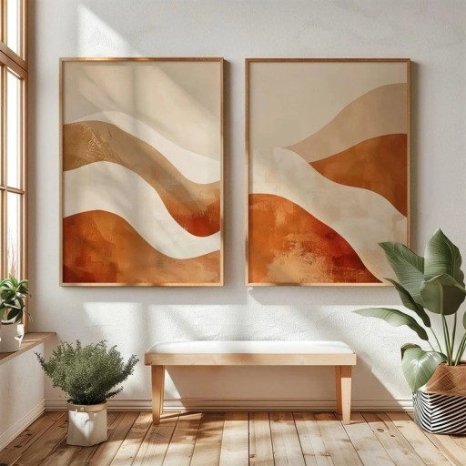 Abstraktisten japanilaisten julisteiden sarja aaltoilevilla linjoilla 30x40 cm kangas beige oranssi ruskea seinäkoriste sisustukseen