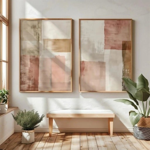 Abstraktní japonské plakáty barevné bloky 40x60 cm plátno béžová růžová hnědá dekorace na zeď do obývacího pokoje ložnice