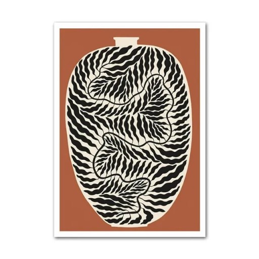 Abstraktní plakát na zeď motiv vázy s kontrastními liniemi 50 × 75 cm tisk na plátno hnědé pozadí moderní dekorace do interiéru bez rámu