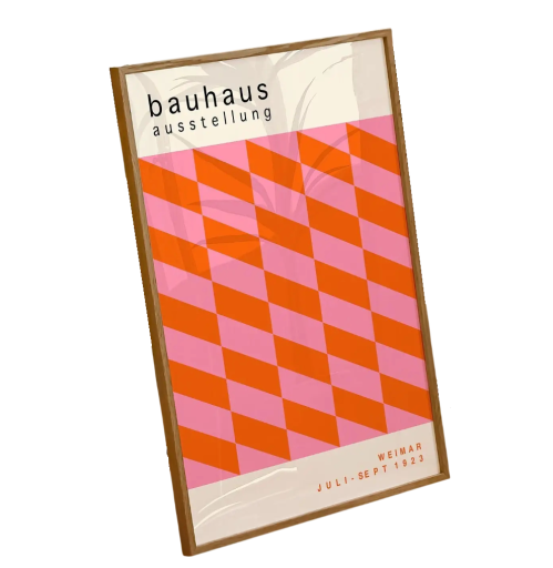 Absztrakt Bauhaus poszter 20 x 30 cm rózsaszín-narancs geometriai formák modern grafikai motívum vászonra nyomtatott dekoratív kép keret nélkül