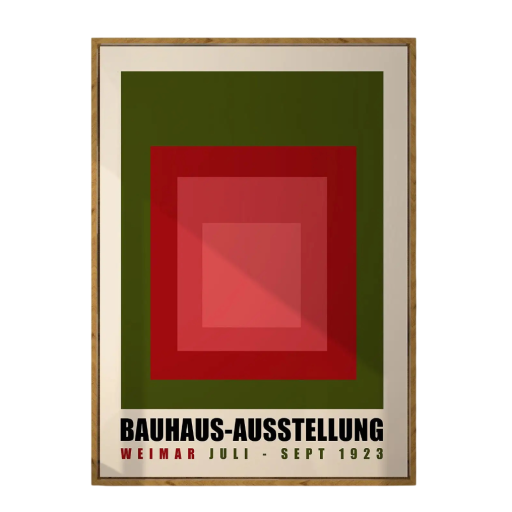 Absztrakt fali poszter 40 x 60 cm Bauhaus geometriai minta zöld háttér piros négyzetek modern kép vászonnyomtatás keret nélkül