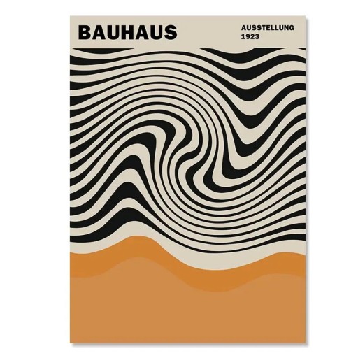 Absztrakt falikép 40 x 50 cm Bauhaus fekete hullámos vonalak narancssárga alsó elem Modern kép vászonnyomtatás minimalista dekoráció