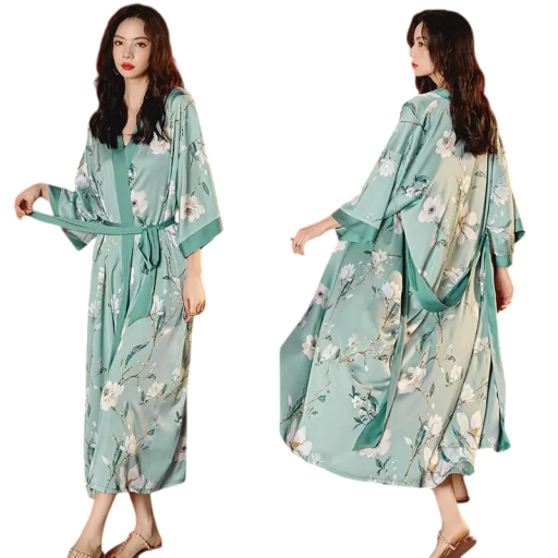 Accappatoio da donna taglia universale Verde con motivo floreale Chiusura in vita Accappatoio leggero ed elegante in seta artificiale e poliestere per il comfort domestico