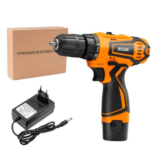 Accu mini boormachine 12V met batterij en oplader, 22 N.m, 1350 t/min, boorkop 10 mm, 25 standen koppel, oranje-zwart