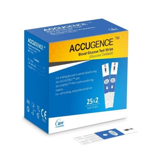Accugence 50 ks Testovací proužky na glukózu v krvi Rozsah 0,6–33,3 mmol/l Kapilární vzorek 0,7 µl Rychlý test 5 s Provozní teplota 5–45 °C