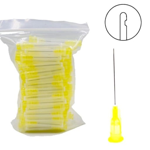 Ace de irigație endodontică 0,3 x 25 mm sterile cu orificiu lateral vârf neted 100 bucăți plastic metal galben instrumente stomatologice pentru spălarea canalelor